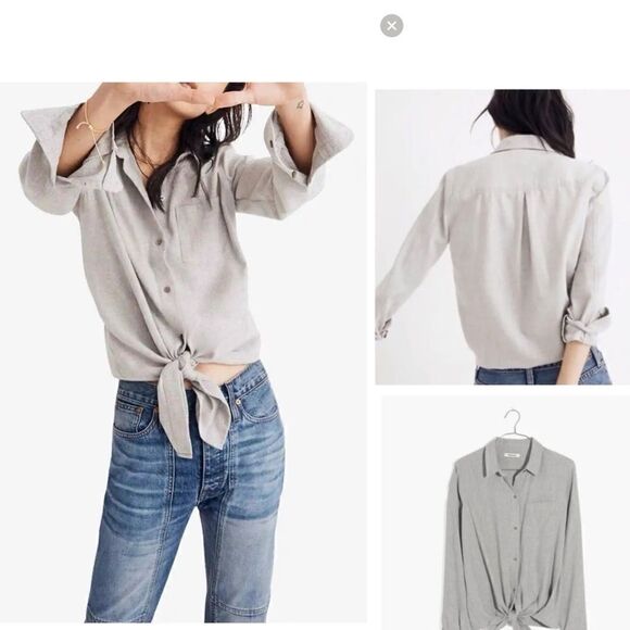 MADEWELL Grey Flannel Front Tie Button Down Shirt-M - Picture 1 of 9